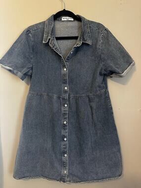 Revelation Denim Chambray Shirt Dress Blue Button Front Short Sleeve